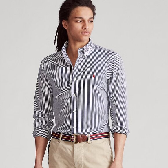 Ralph Lauren Blue Label Slim Fit Navy White Striped Poplin Button Down Shirt - Picture 1 of 11